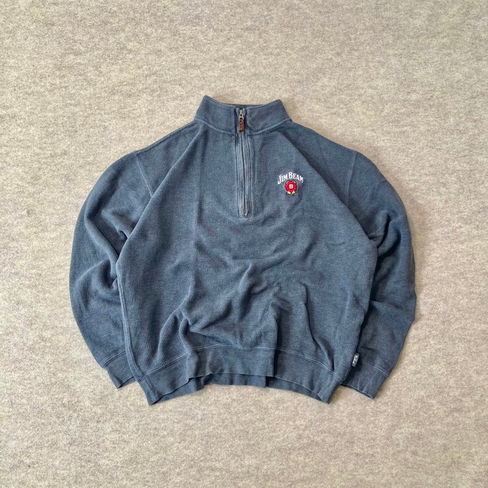 VTG Woolrich x Jim Beam Waffle Knit Thermal Quarter Zip Pullover Gray Men's M